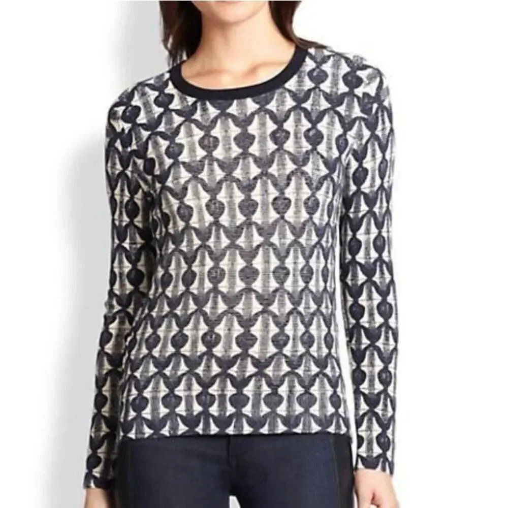 Tory Burch Tia blue printed merino wool crewneck sweater